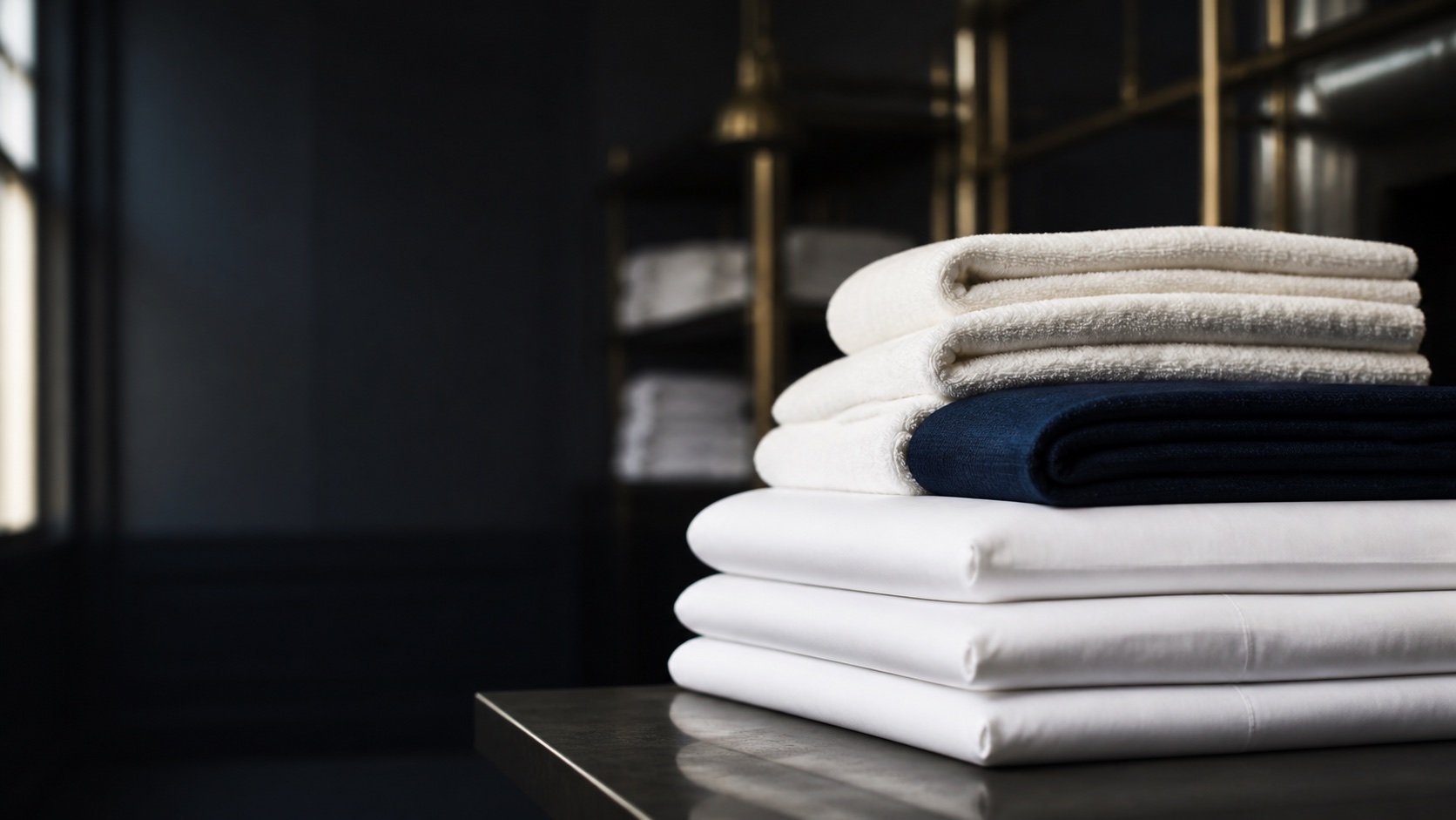 Finished commercial linens stacked and ready for service